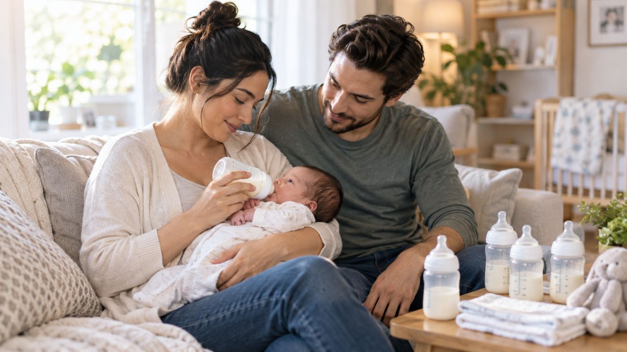 Parents bottle feeding their newborn with clean baby bottles nearby.jpg
