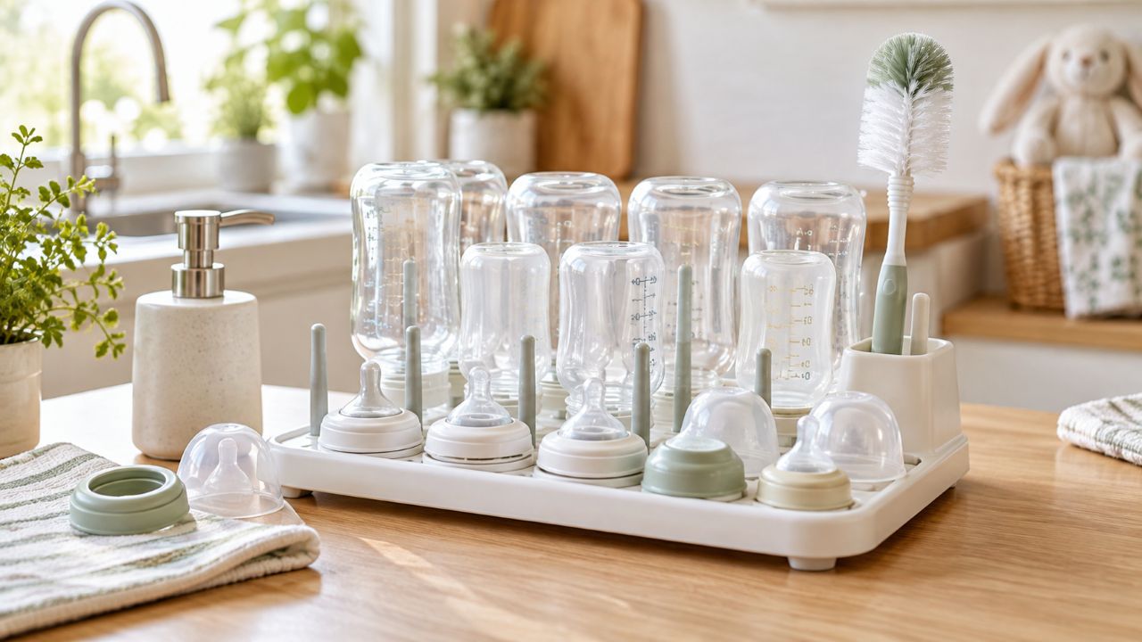 Clean baby bottles and nipples drying on a rack after washing.jpg
