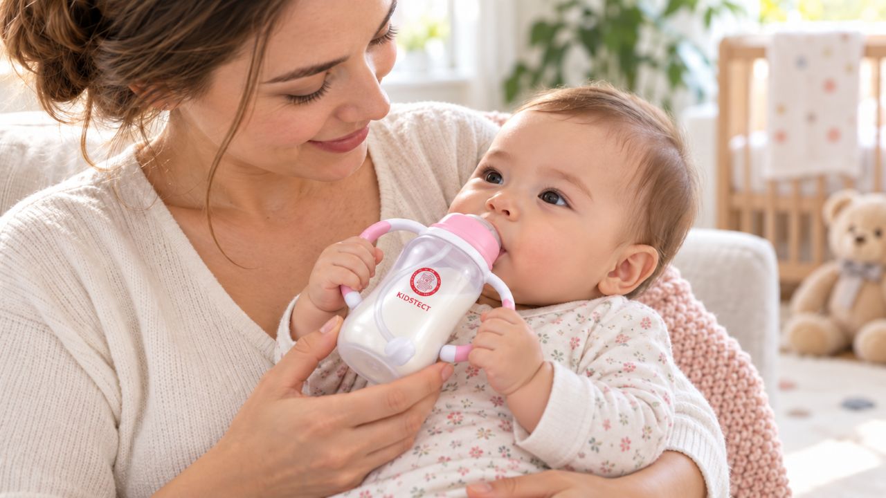 Baby calmly drinking from a handled baby feeding bottle.jpg