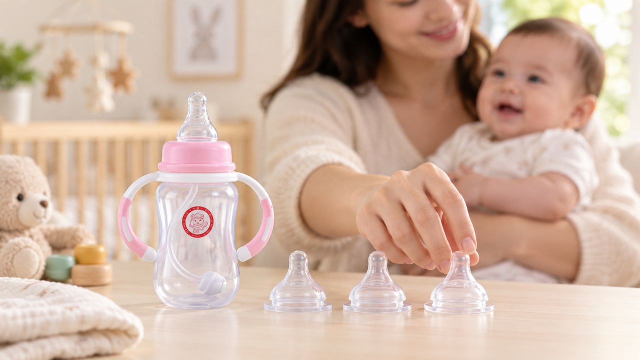 Mother choosing a baby bottle nipple for comfortable feeding.jpg