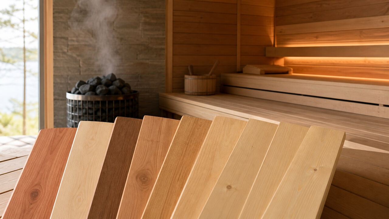 Different sauna wood types displayed inside a modern Nordic sauna.jpg
