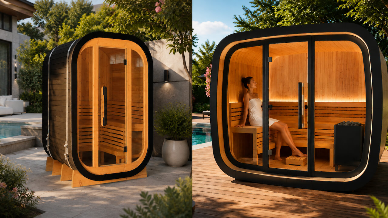 Sipher Saunas 2-person and 4-person outdoor sauna models in backyard pool settings.jpg