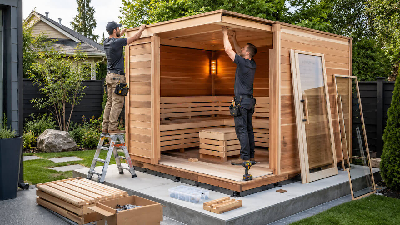 Prefab outdoor sauna installation with pre-cut wall and roof panels.jpg