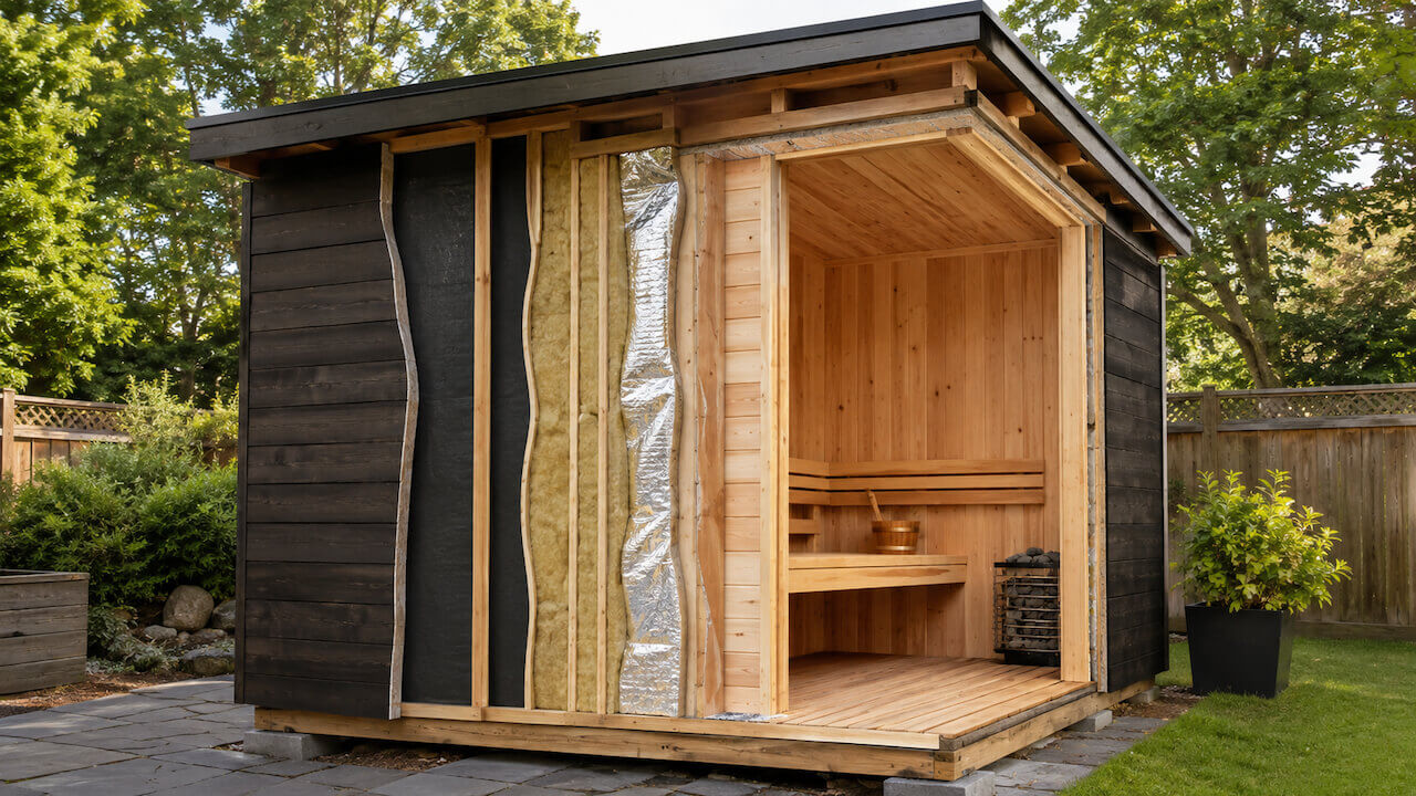 Outdoor sauna wall assembly with insulation and vapor barrier layers.jpg