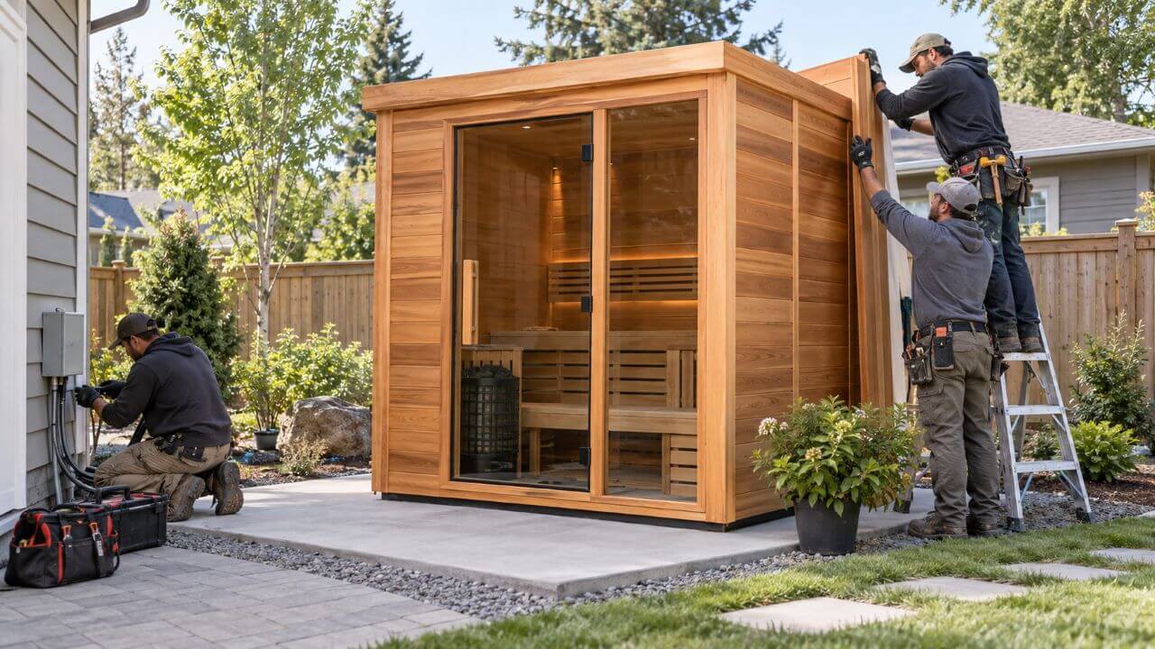 Installers assembling an outdoor sauna on a concrete foundation.jpg