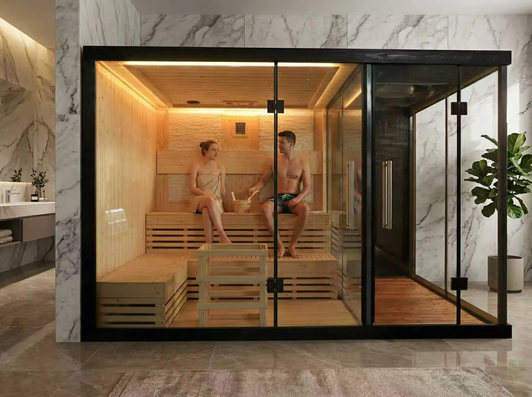 SIP-PI0002 4-6 Person Indoor Dry & Steam Sauna Combo Room, Western Red Cedar