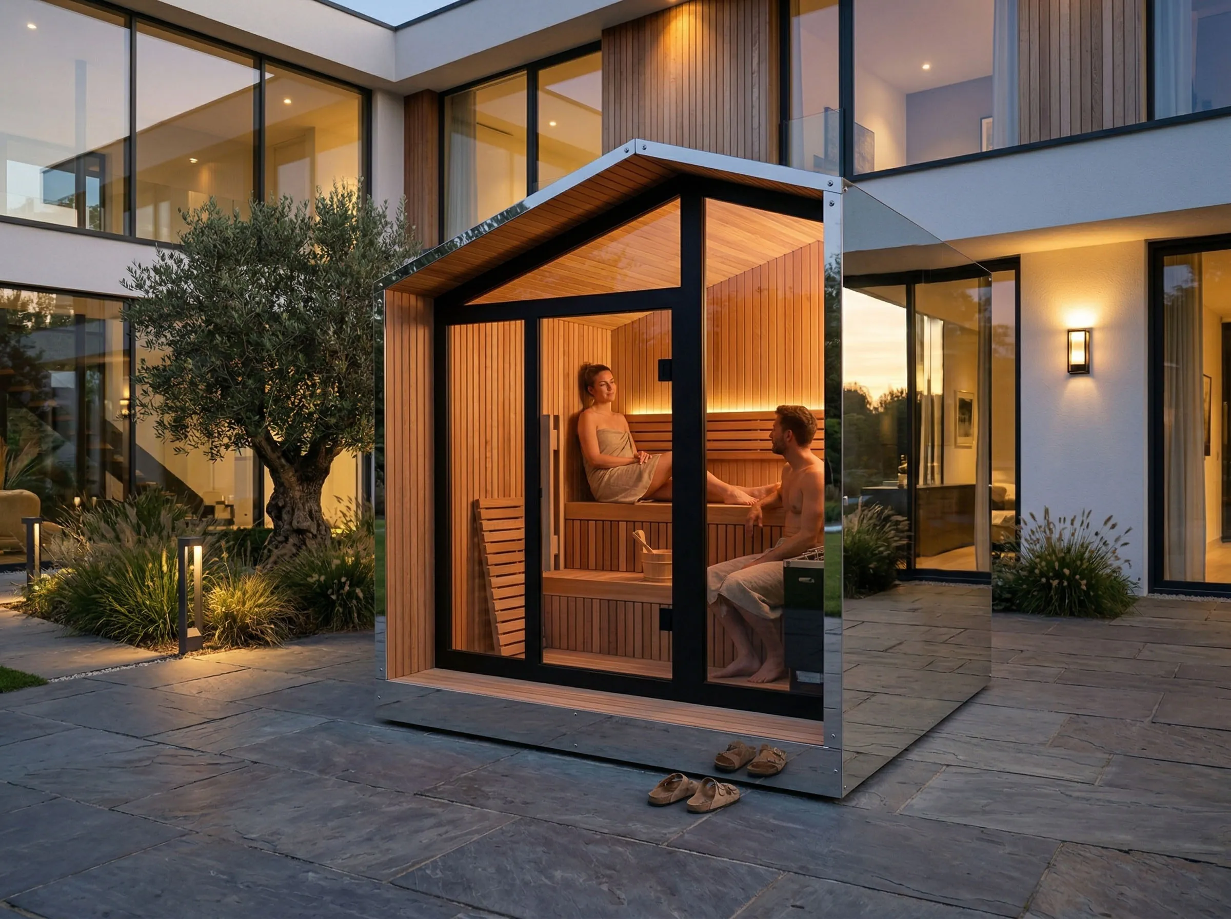 Modern Outdoor Sauna with Full Glass Front | 3-4 Person Panoramic Garden Sauna Cabin